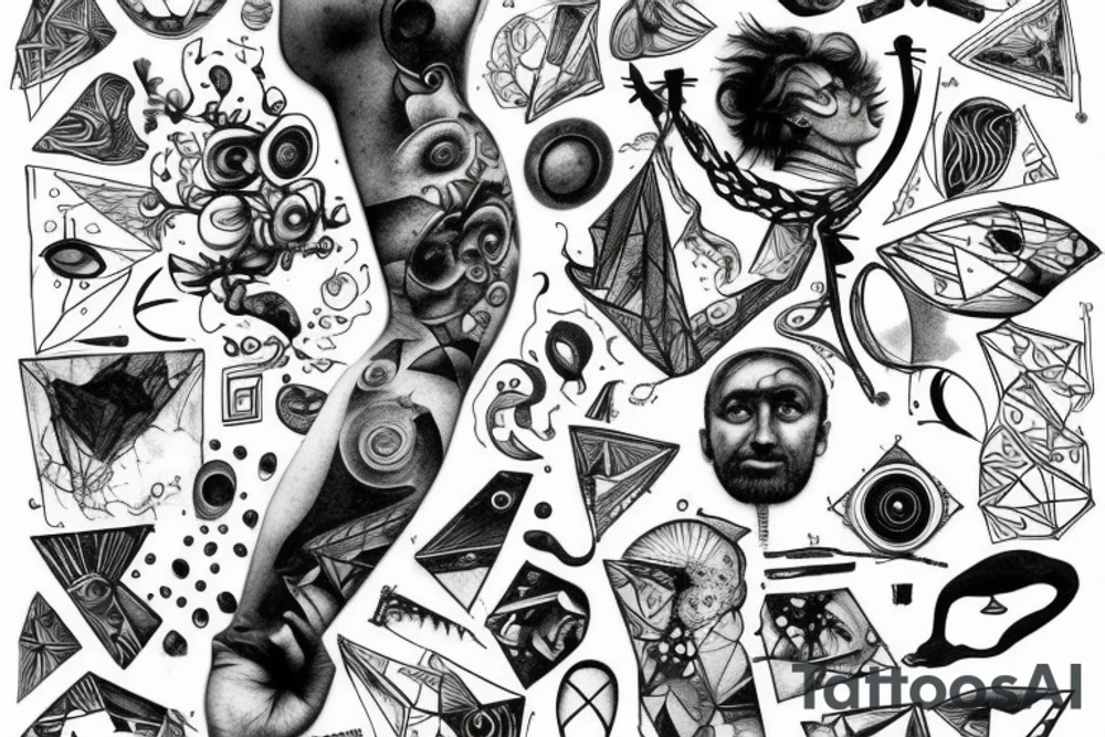 small piece of art about 
macro decompression in the form of pieces falling off a person that is beginning to form their consciousness on left forearm tattoo idea