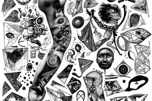small piece of art about 
macro decompression in the form of pieces falling off a person that is beginning to form their consciousness on left forearm tattoo idea