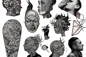small piece of art about 
macro decompression in the form of pieces falling off a person that is beginning to form their consciousness on left forearm tattoo idea