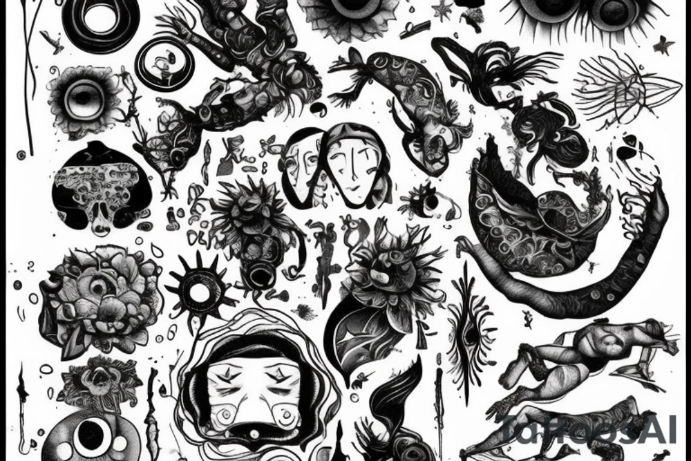 small piece of art about 
macro decompression in the form of pieces falling off a person that is beginning to form their consciousness on left forearm tattoo idea