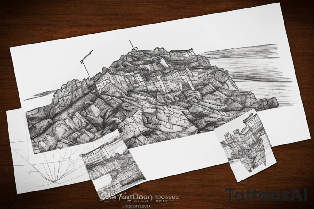 outline of a villa on the cliffs with a pass to it looking at it from the bottom of the pass. thigh-sized. tattoo idea