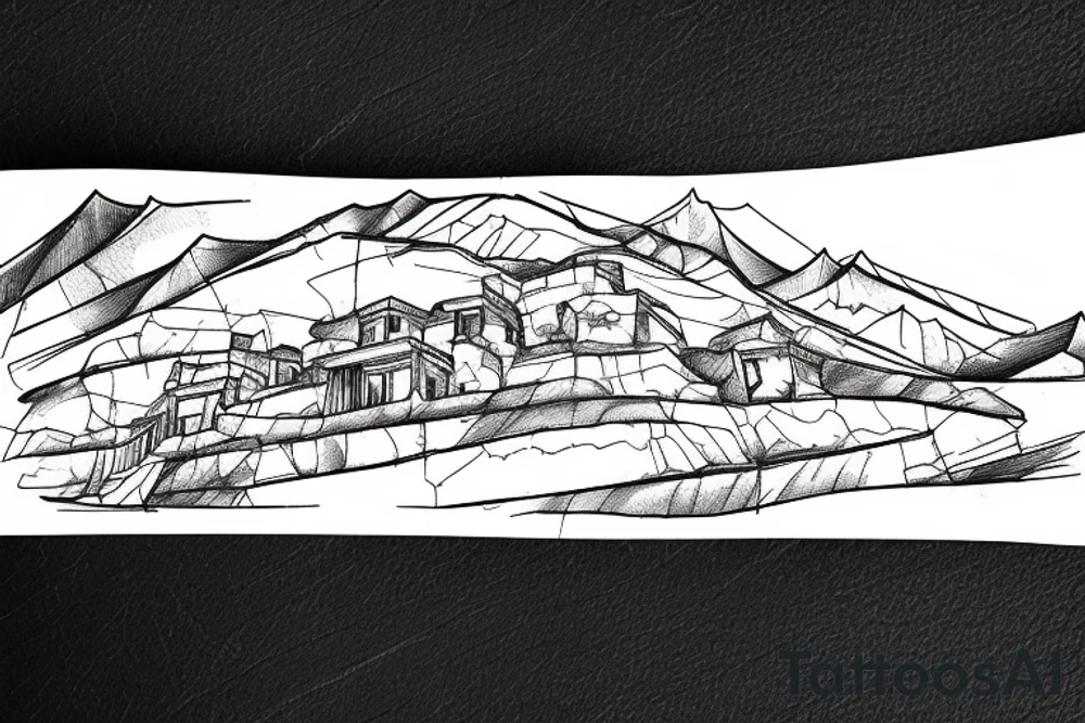 outline of a villa on the cliffs with a pass to it looking at it from the bottom of the pass. thigh-sized. tattoo idea