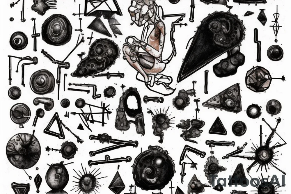 small piece of art about 
macro decompression in the form of pieces of rust falling off a person that is beginning to form their consciousness on left forearm tattoo idea