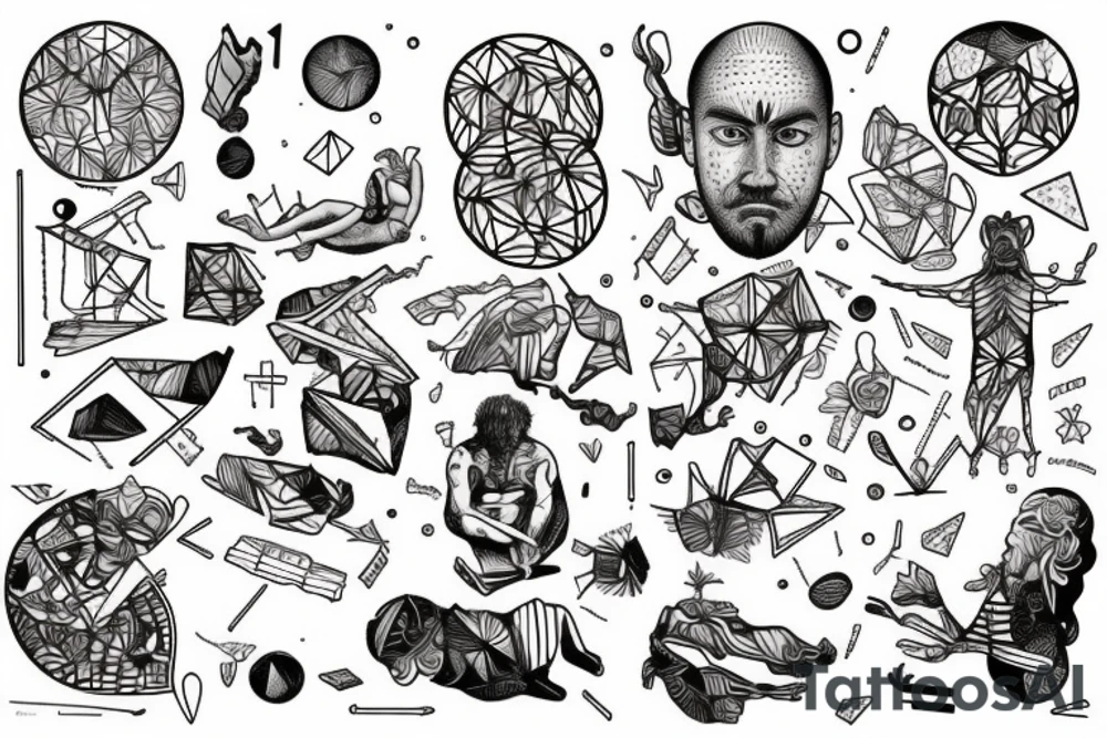 small piece of art about 
macro decompression in the form of pieces falling off a person that is beginning to form their consciousness on left forearm tattoo idea