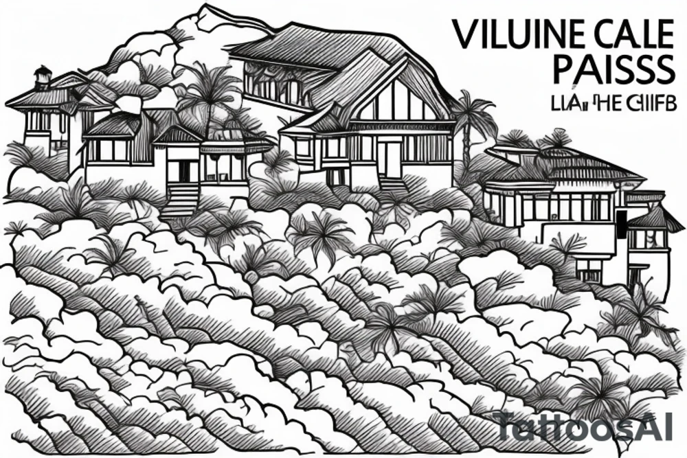 outline of a villa on the cliffs with a pass to it looking at it from the bottom of the pass. thigh-sized. tattoo idea