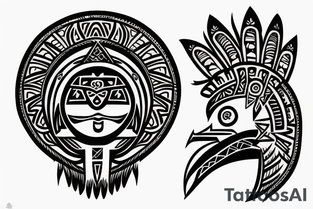 Aztec bird head with Filipino sun tribal art as body tattoo idea