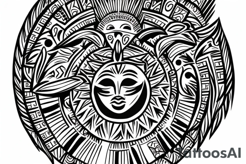 Aztec bird head with Filipino sun tribal art as body tattoo idea