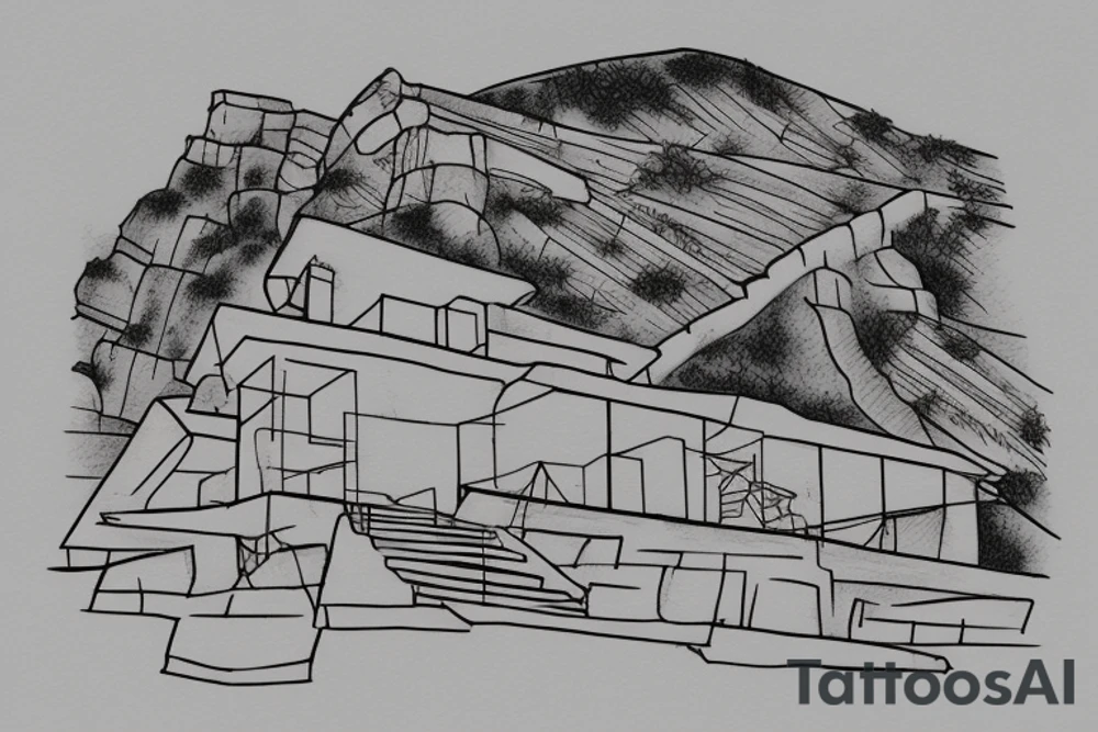 outline of a villa on the cliffs with a pass to it looking at it from the bottom of the pass. thigh-sized. 
the villa has a overhang over the cliff and is secured by a a construction. 
style: line work
villa style: old disney tattoo idea