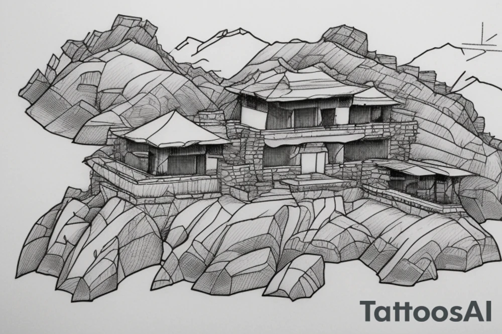 outline of a villa on the cliffs with a pass to it looking at it from the bottom of the pass. thigh-sized. 
the villa has a overhang over the cliff and is secured by a a construction. 
style: line work
villa style: old disney tattoo idea