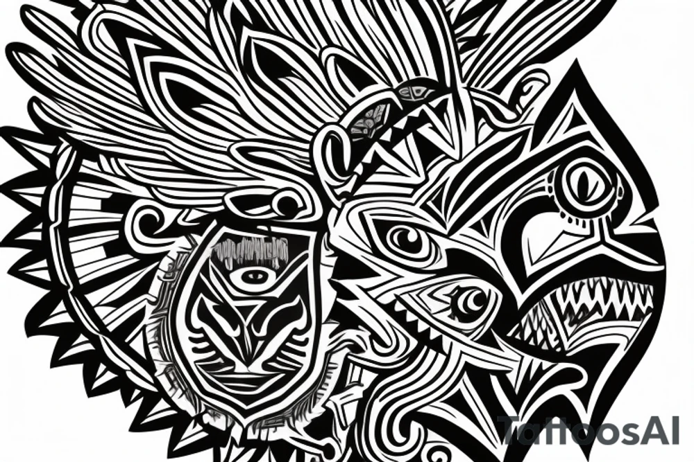 Aztec eagle head into Filipino sun tribal as body tattoo idea