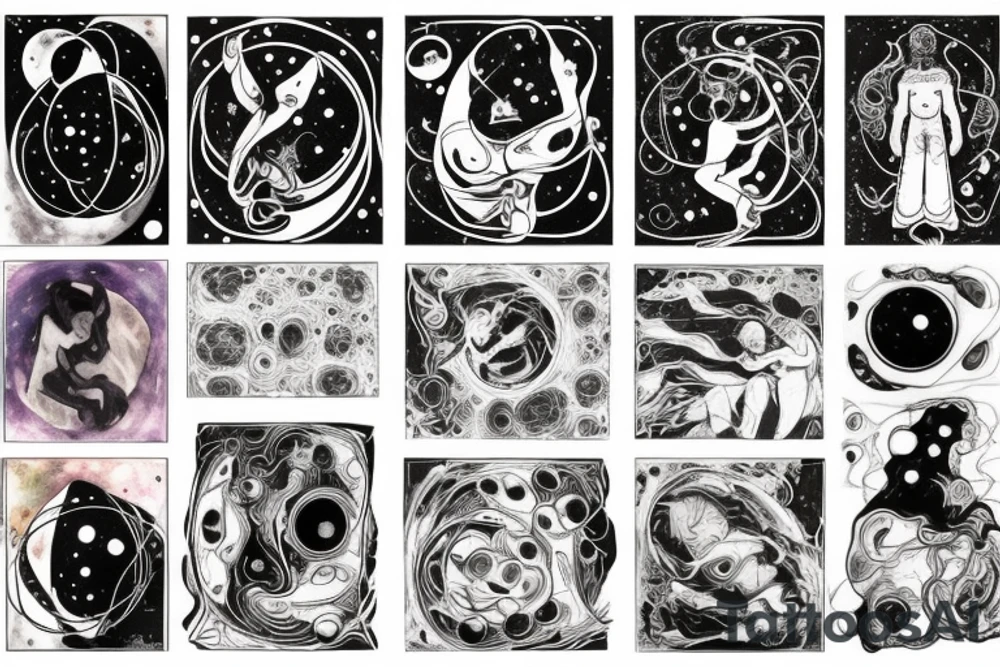 A abstract cosmic entity grasping at the various visual parts of themselves scattered throughout the universe and putting themselves together tattoo idea