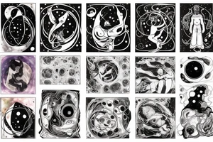 A abstract cosmic entity grasping at the various visual parts of themselves scattered throughout the universe and putting themselves together tattoo idea