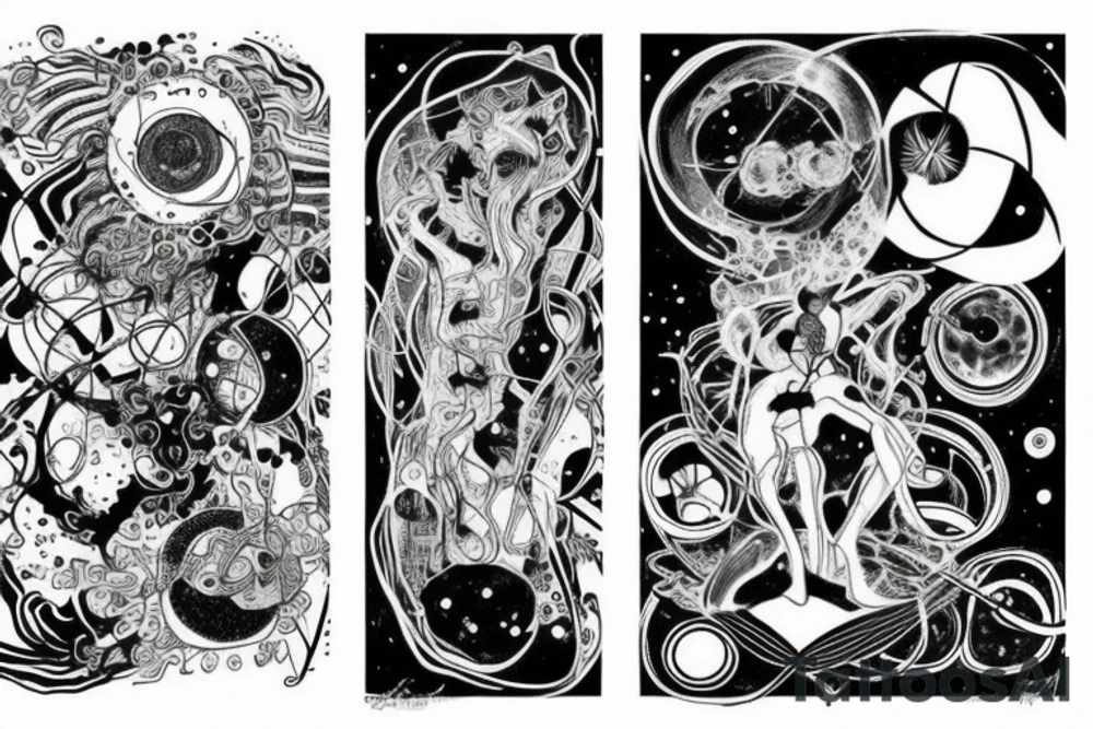 A abstract cosmic entity grasping at the various visual parts of themselves scattered throughout the universe and putting themselves together tattoo idea