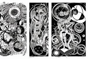 A abstract cosmic entity grasping at the various visual parts of themselves scattered throughout the universe and putting themselves together tattoo idea