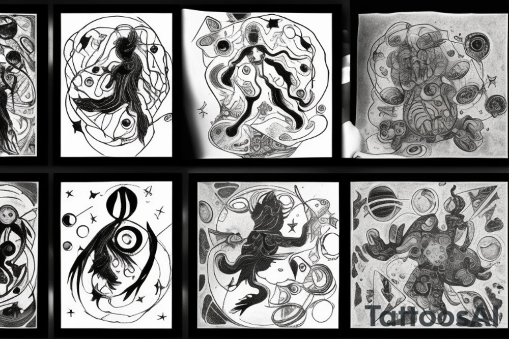 A abstract cosmic entity grasping at the various visual parts of themselves scattered throughout the universe and putting themselves together tattoo idea