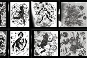 A abstract cosmic entity grasping at the various visual parts of themselves scattered throughout the universe and putting themselves together tattoo idea
