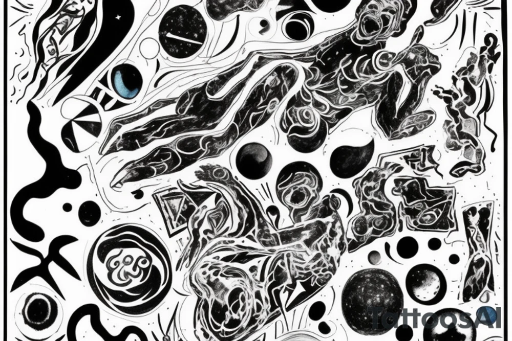 A abstract cosmic entity grasping at the various visual parts of themselves scattered throughout the universe and putting themselves together tattoo idea