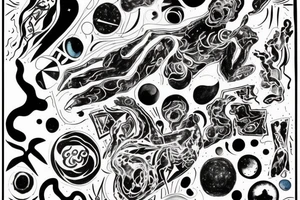 A abstract cosmic entity grasping at the various visual parts of themselves scattered throughout the universe and putting themselves together tattoo idea