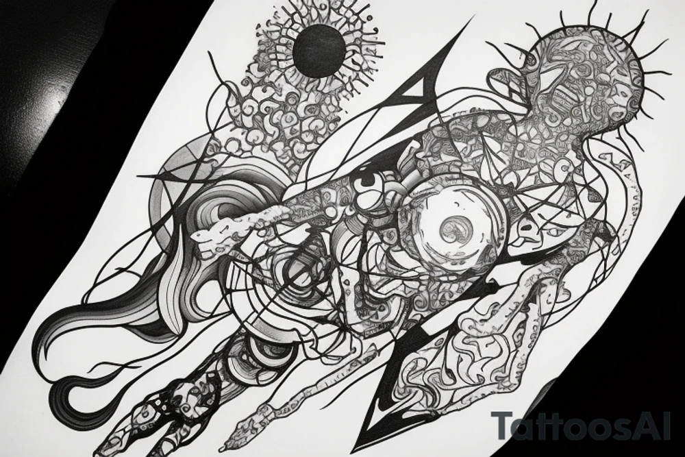 A abstract cosmic entity grasping at the various visual parts of themselves scattered throughout the universe and putting themselves together tattoo idea