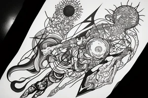 A abstract cosmic entity grasping at the various visual parts of themselves scattered throughout the universe and putting themselves together tattoo idea