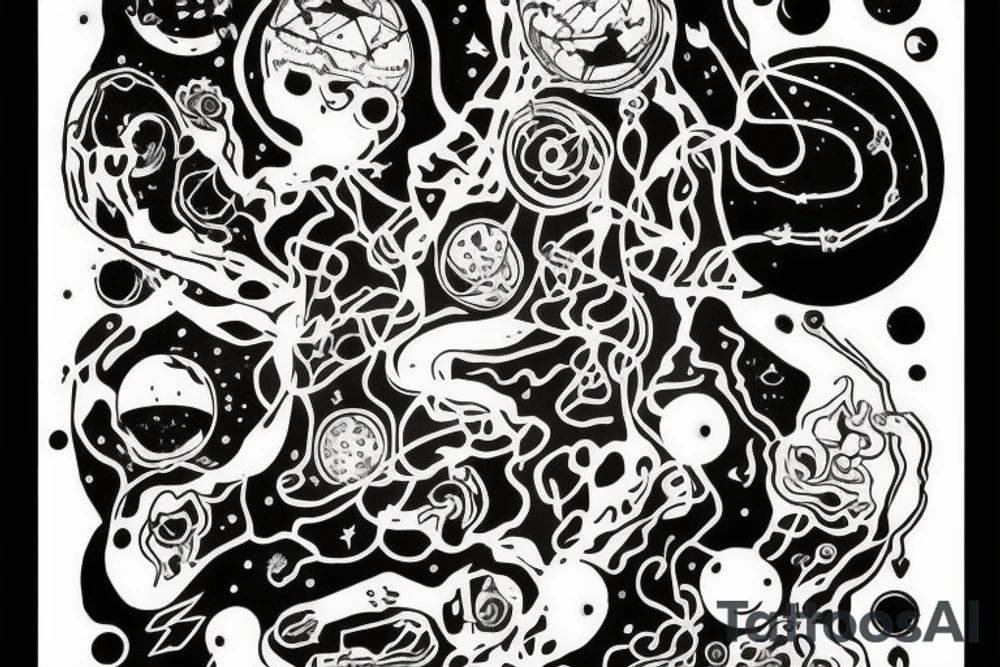 A abstract cosmic entity grasping at the various visual parts of themselves scattered throughout the universe and putting themselves together tattoo idea