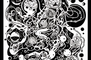 A abstract cosmic entity grasping at the various visual parts of themselves scattered throughout the universe and putting themselves together tattoo idea