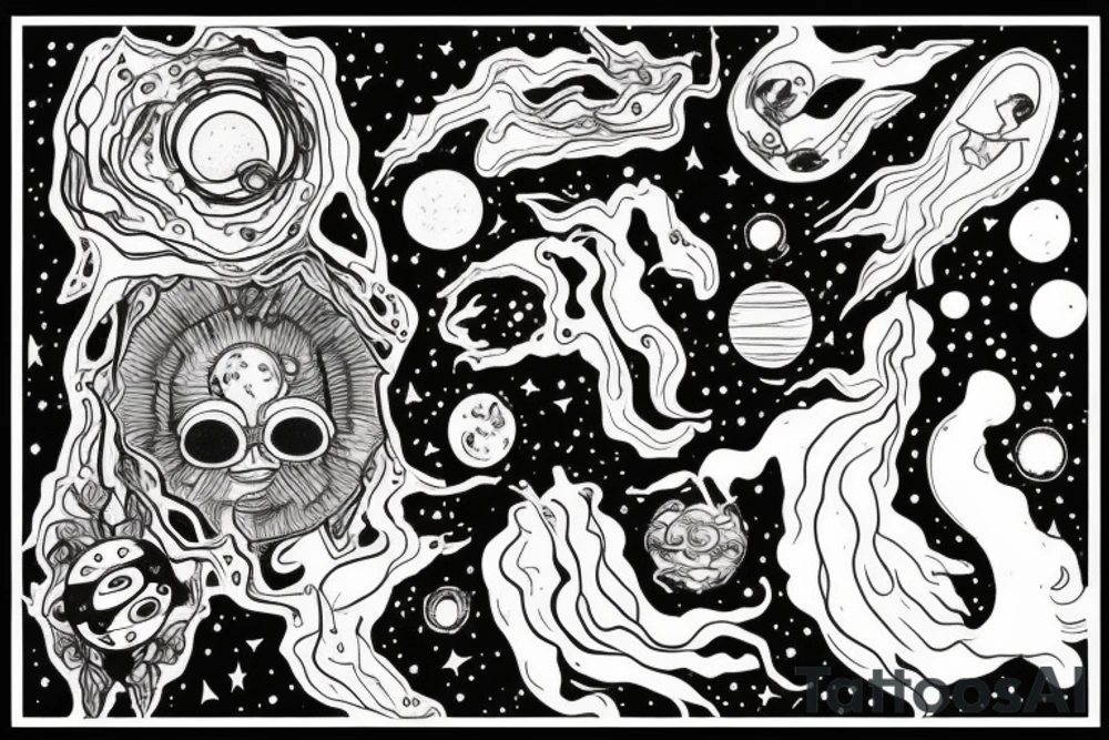 A abstract cosmic entity grasping at the various visual parts of themselves scattered throughout the universe and putting themselves together tattoo idea