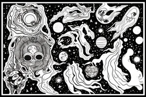 A abstract cosmic entity grasping at the various visual parts of themselves scattered throughout the universe and putting themselves together tattoo idea