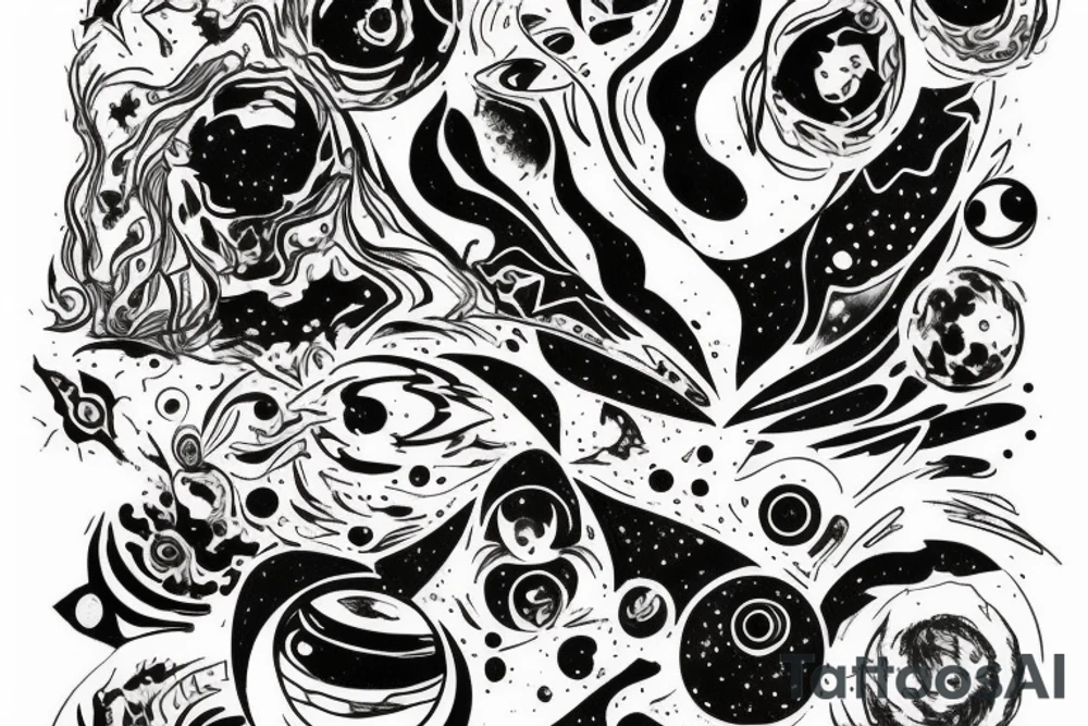 A abstract cosmic entity grasping at the various visual parts of themselves scattered throughout the universe and putting themselves together tattoo idea
