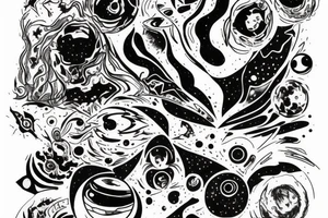 A abstract cosmic entity grasping at the various visual parts of themselves scattered throughout the universe and putting themselves together tattoo idea