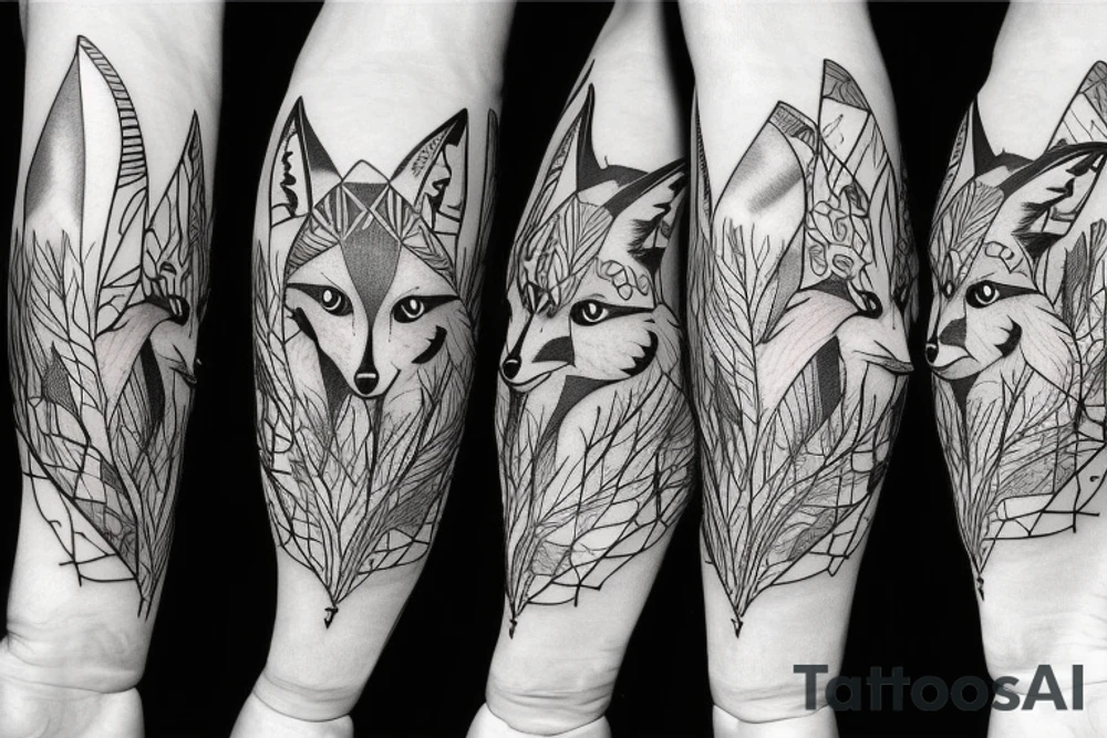 a fox father who protects 4 foxes in the woods tattoo idea