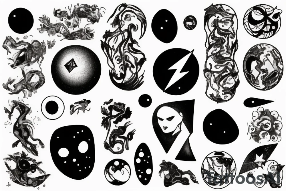 A abstract cosmic entity grasping at the various visual parts of themselves scattered throughout the universe and putting themselves together tattoo idea