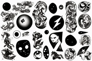 A abstract cosmic entity grasping at the various visual parts of themselves scattered throughout the universe and putting themselves together tattoo idea