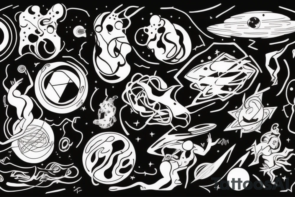 A abstract cosmic entity grasping at the various visual parts of themselves scattered throughout the universe and putting themselves together tattoo idea