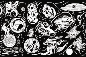 A abstract cosmic entity grasping at the various visual parts of themselves scattered throughout the universe and putting themselves together tattoo idea