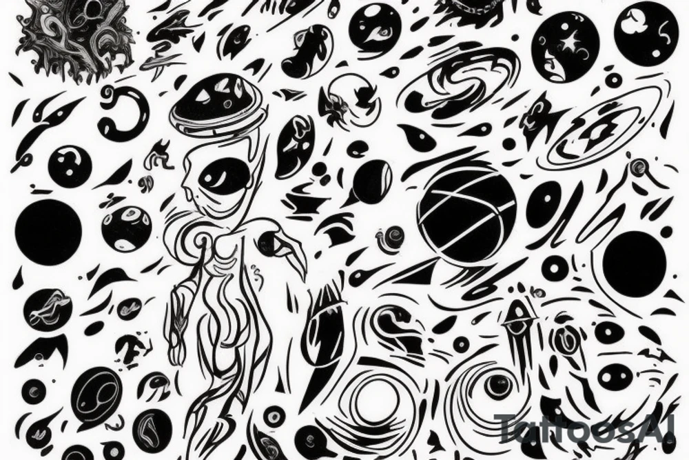 A abstract cosmic entity grasping at the visual parts of themselves scattered throughout the universe and putting themselves together tattoo idea