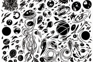 A abstract cosmic entity grasping at the visual parts of themselves scattered throughout the universe and putting themselves together tattoo idea