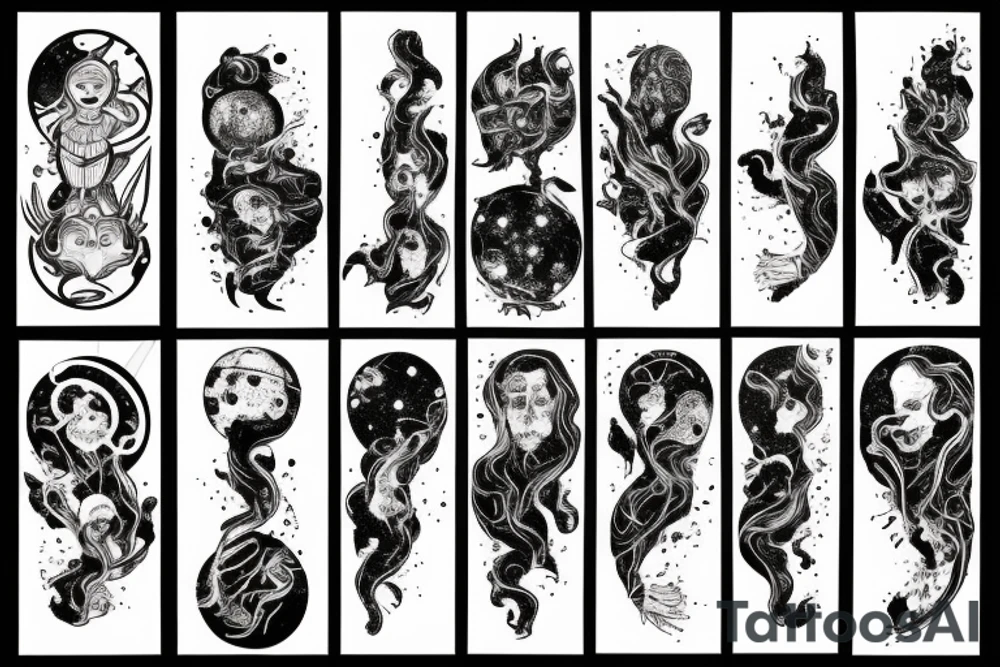 A abstract cosmic entity grasping at the visual parts of themselves scattered throughout the universe and putting themselves together tattoo idea