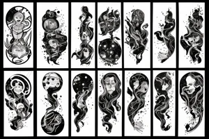 A abstract cosmic entity grasping at the visual parts of themselves scattered throughout the universe and putting themselves together tattoo idea