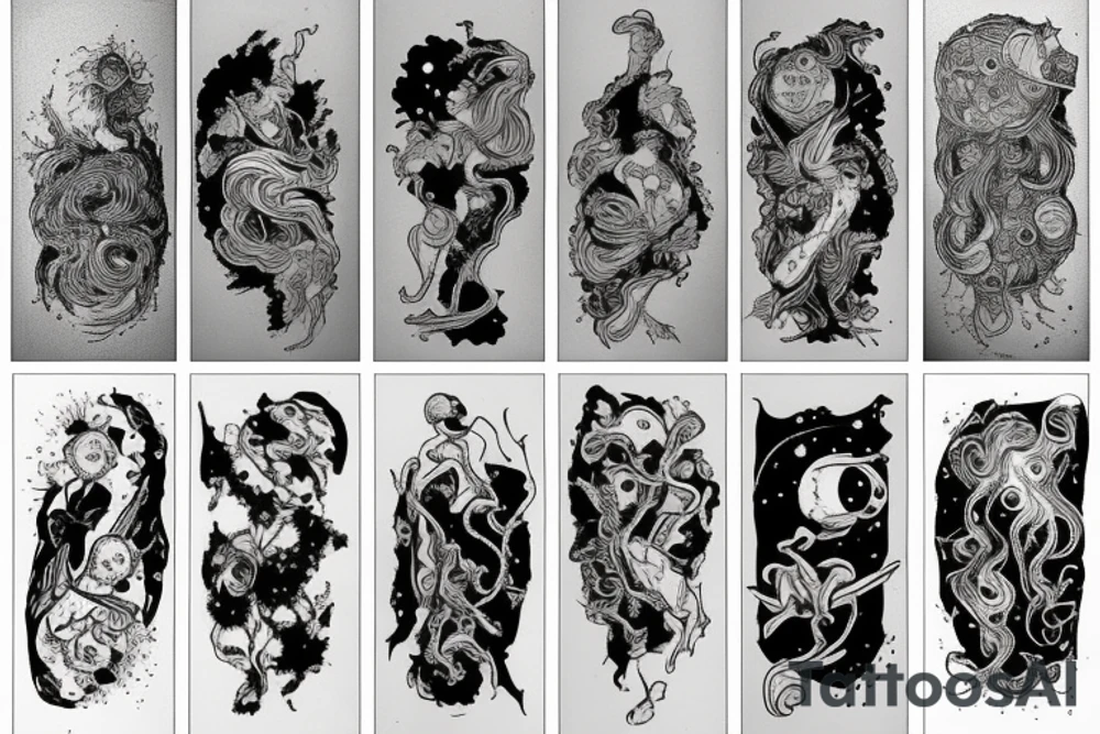 A abstract cosmic entity grasping at the visual parts of themselves scattered throughout the universe and putting themselves together tattoo idea