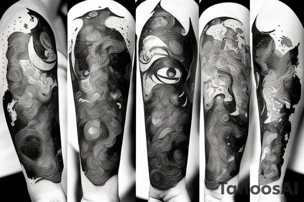 A abstract cosmic entity grasping at the visual parts of themselves scattered throughout the universe and putting themselves together tattoo idea