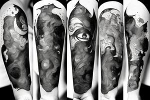 A abstract cosmic entity grasping at the visual parts of themselves scattered throughout the universe and putting themselves together tattoo idea