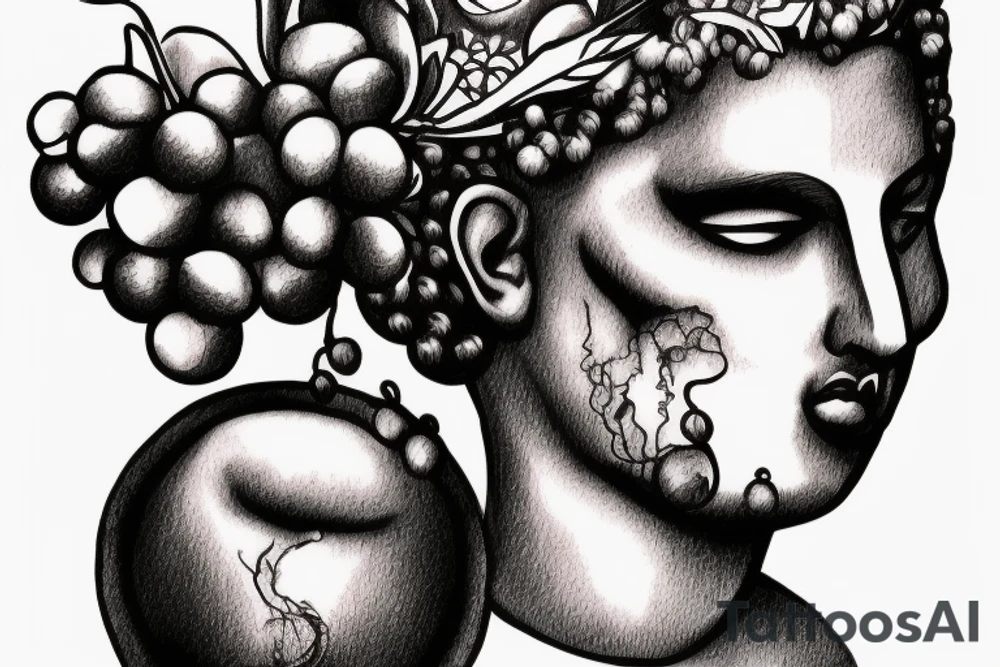 dyonisium greek god face with wine and grapes tattoo idea