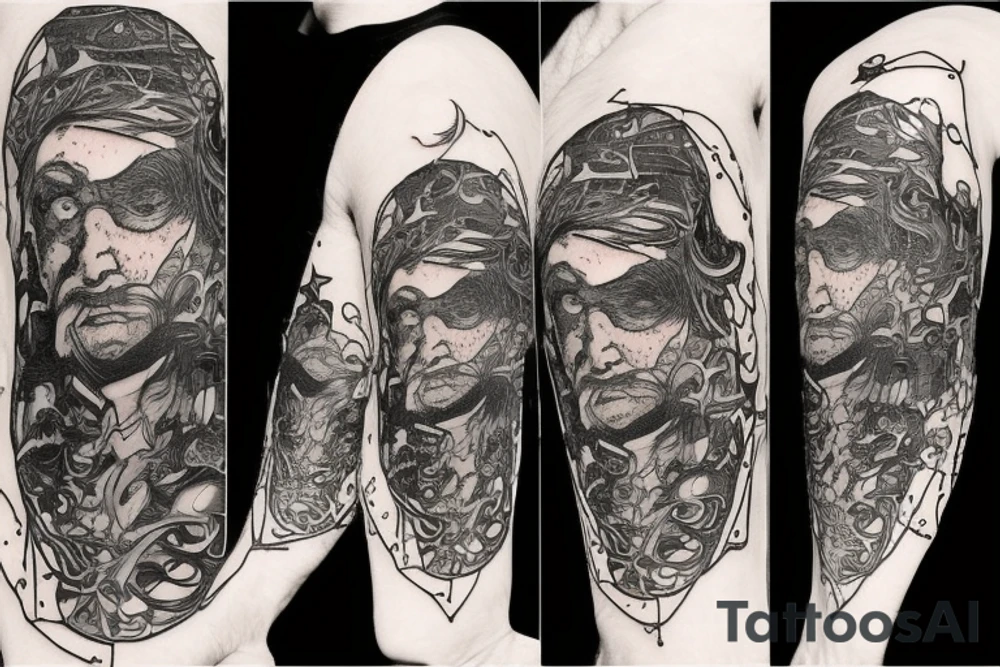 A abstract cosmic entity grasping at the visual parts of themselves scattered throughout the universe and putting themselves together tattoo idea