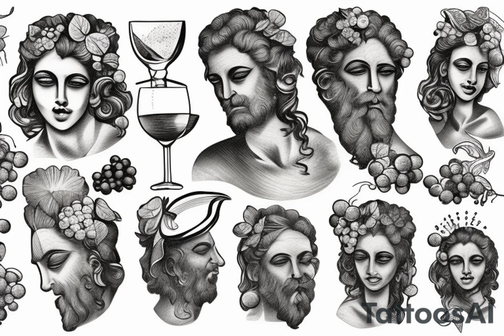 Dionysius greek god face with wine and grapes tattoo idea