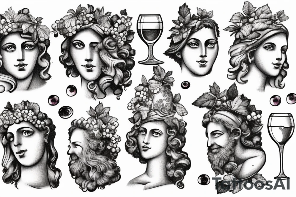 Dionysius greek god face with wine and grapes tattoo idea