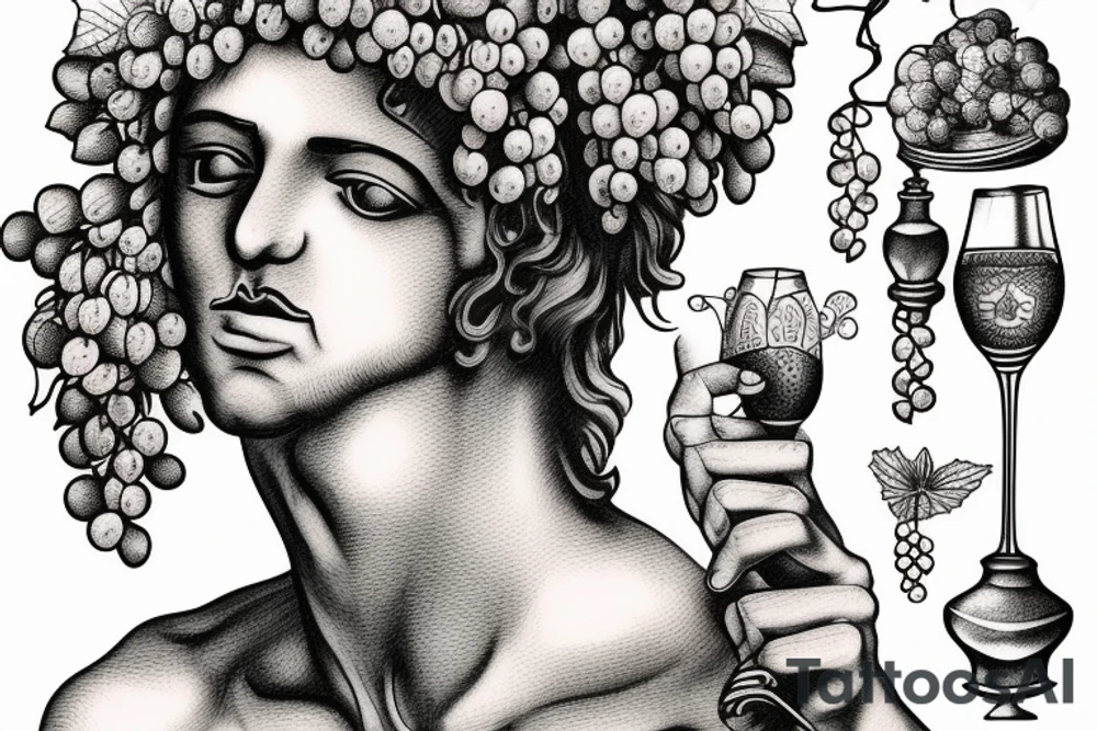 Dionysius greek god face with wine and grapes tattoo idea