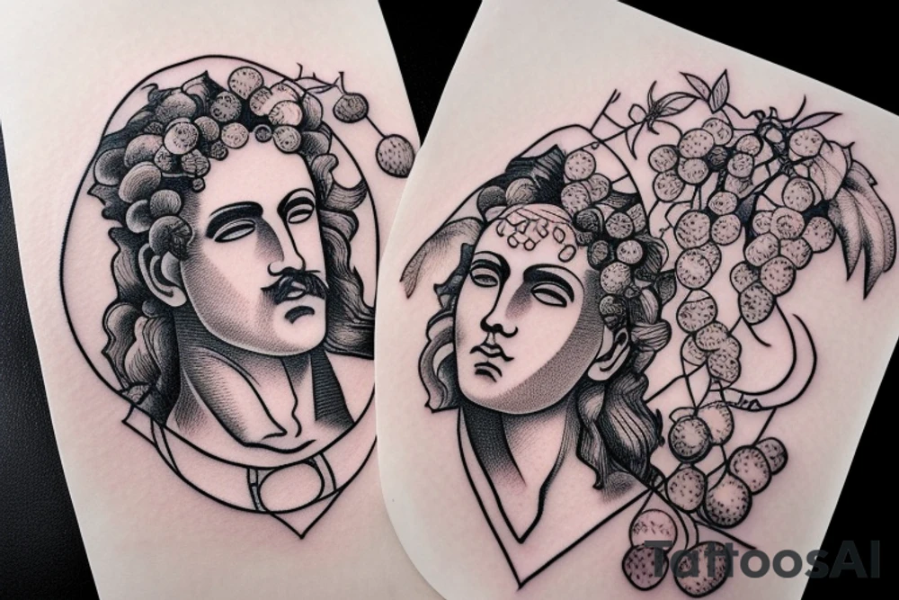 Dionysius greek god face with wine and grapes tattoo idea