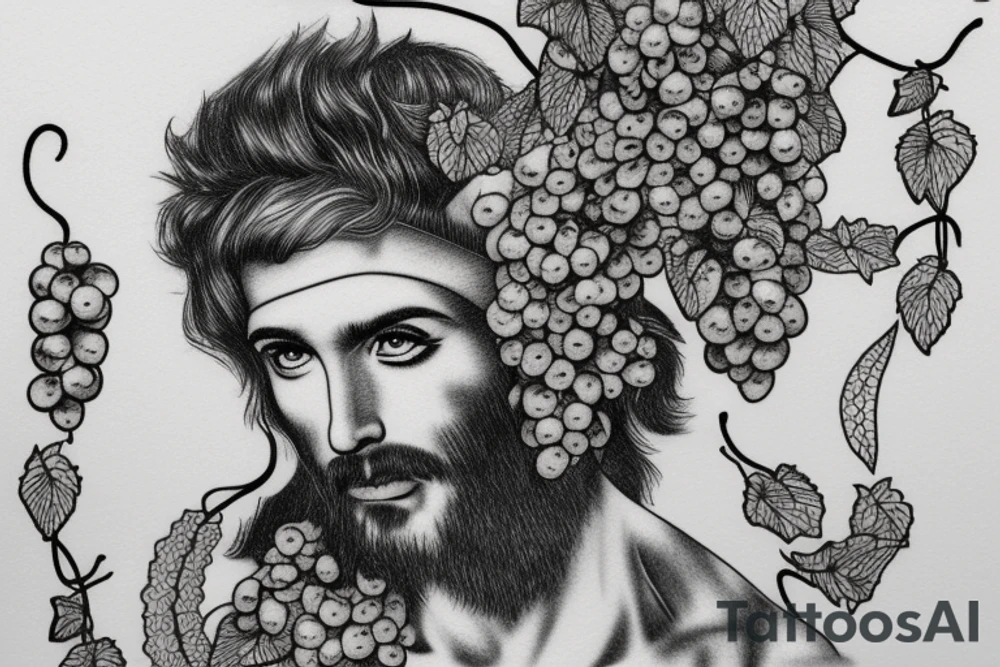 Dionysius male greek god face with grapes and vine leafs as hair tattoo idea