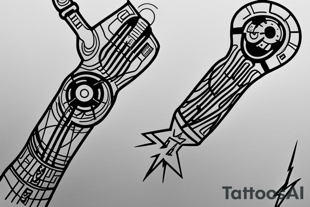 robotic arm holding a lightning bolt, representing the fields of automation and electrical engineering. The arm could have a circuit board pattern or a programming code snippet as its "skin," referencing programming and embedded systems. The lightning bolt could be made up of binary code tattoo idea